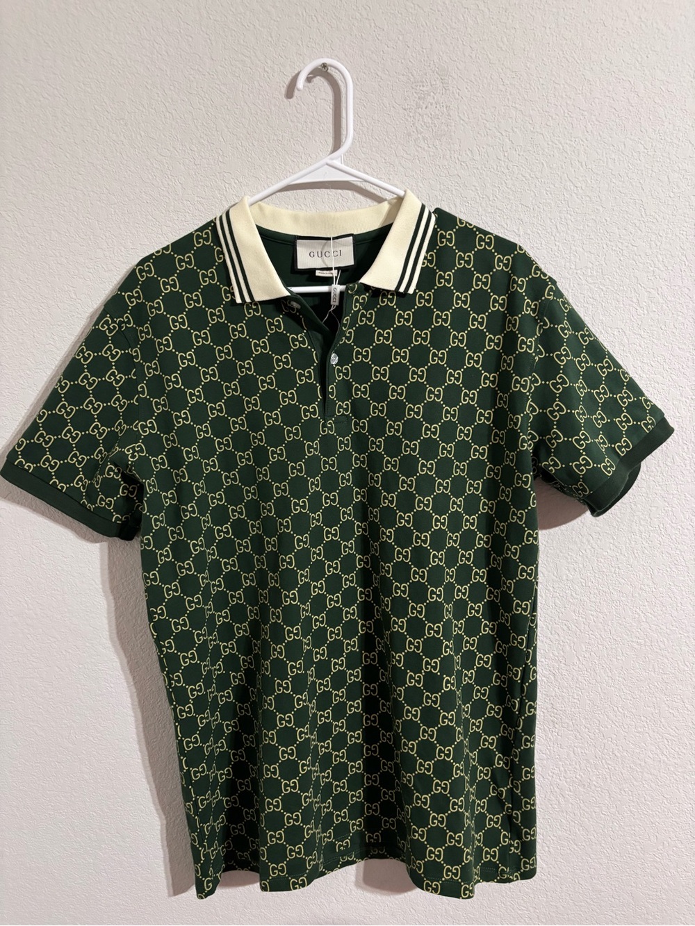 Gucci Dark Green GG Embroided Polo with Cream Trim